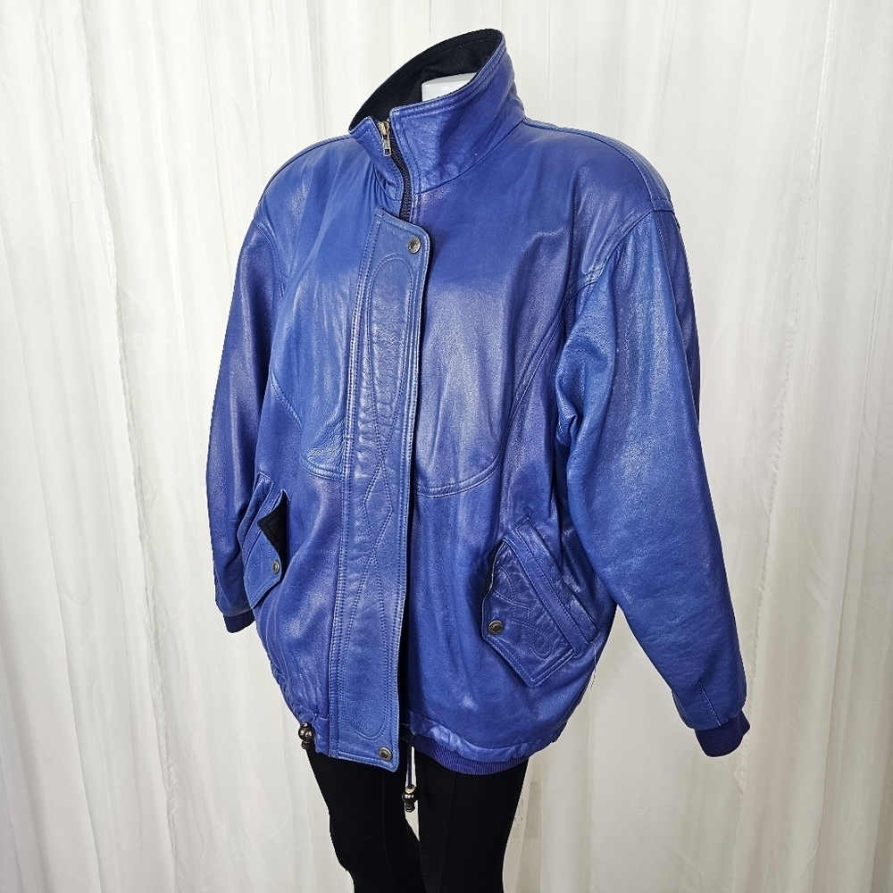 Vintage La Nouvelle Renaissance Playful Oversized Blue Leather Jacket  Large - Picture 2 of 14